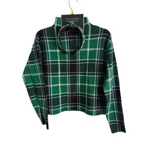 Tahari Woman’s Mock Neck Green‎ Black White Plaid Sweater Headband- Size XS